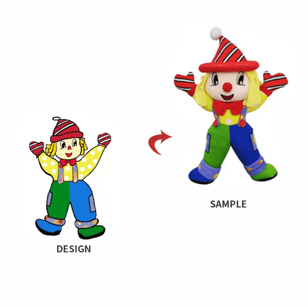Character design next to the finished plush sample