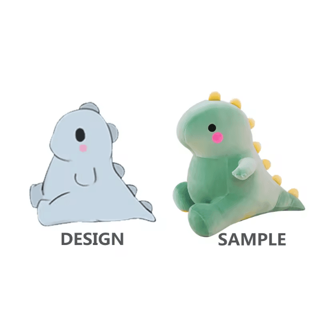 Character design next to the finished plush sample