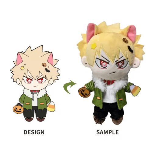 Character design next to the finished plush sample