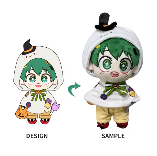 Character design next to the finished plush sample